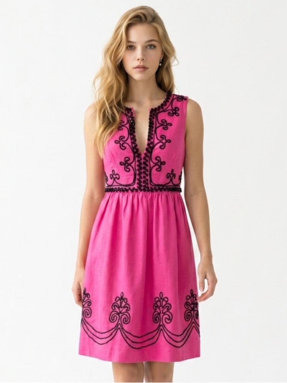LILLY PULITZER Alexandra Dress Beaded Appliqué Pink Black Sleeveless Embroidered